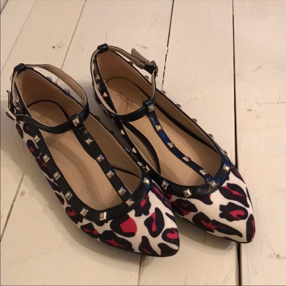BCBG Leopard Studded T-strap Flats